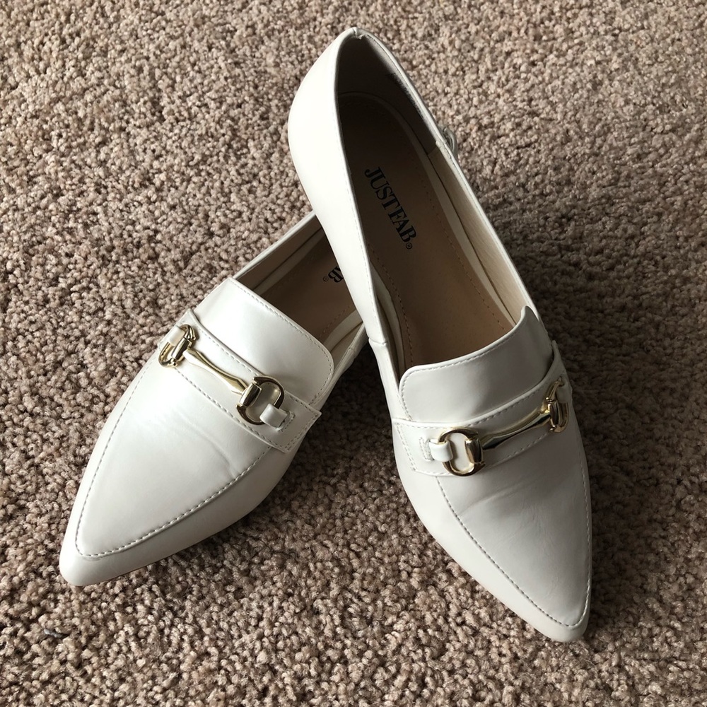 White Loafers with Gold Buckle